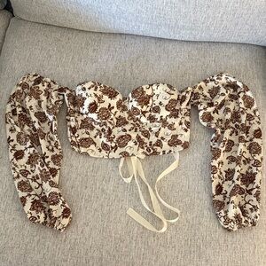 SHEIN Lace-Up Floral Top in Cream and Brown